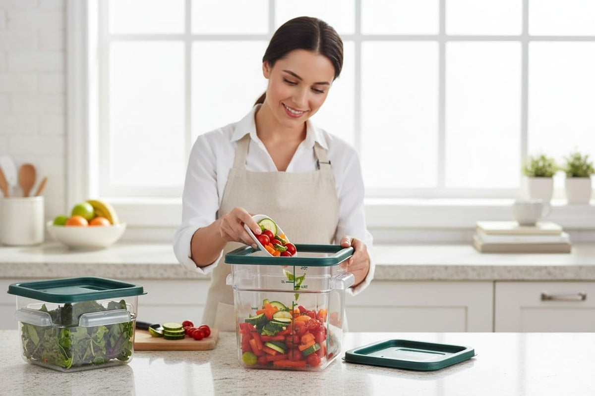 Filled square food container being covered with a green lid