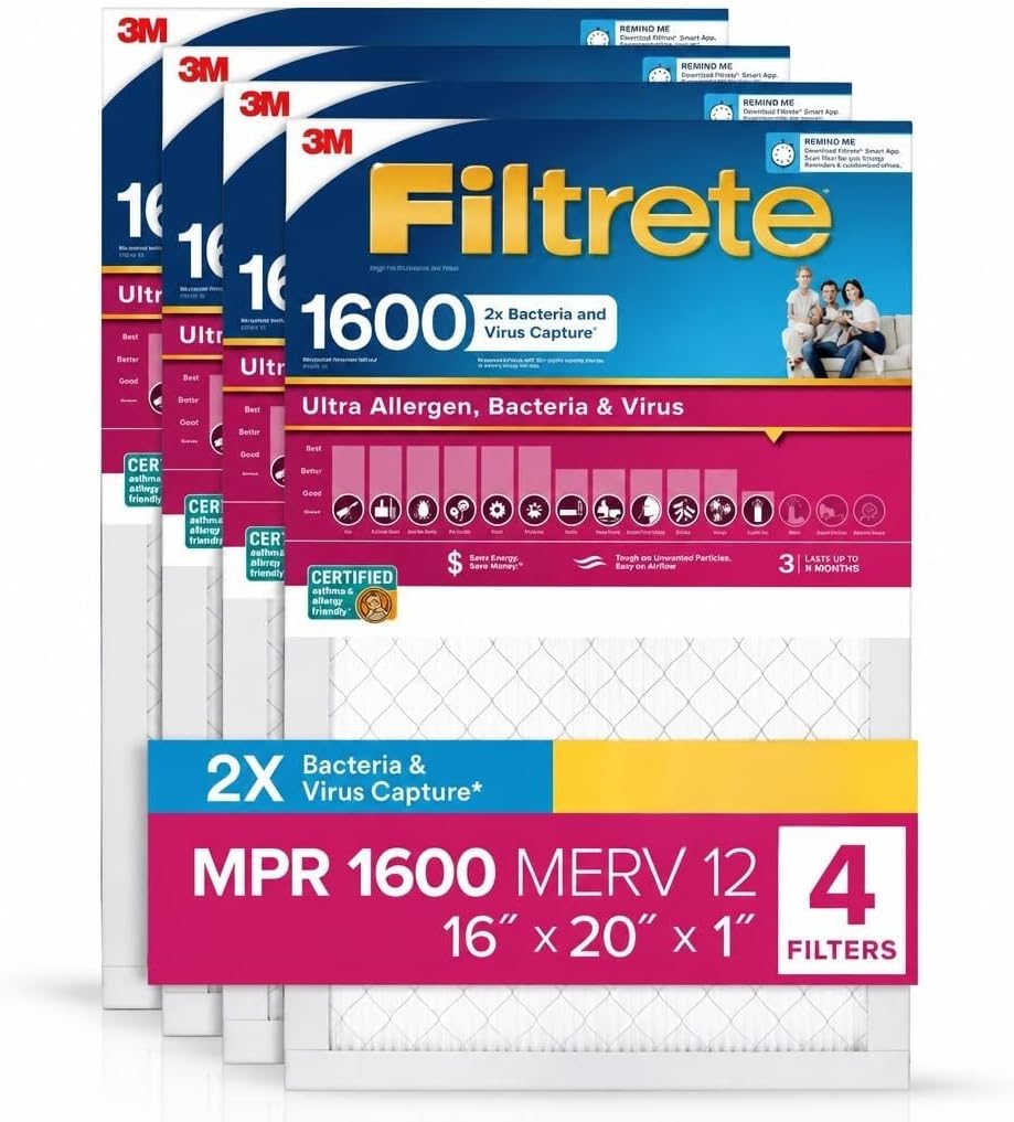 Filtrete Allergen MPR 1600 2X Bacteria and Virus Capture, 16x20x1 (4 Pack)
