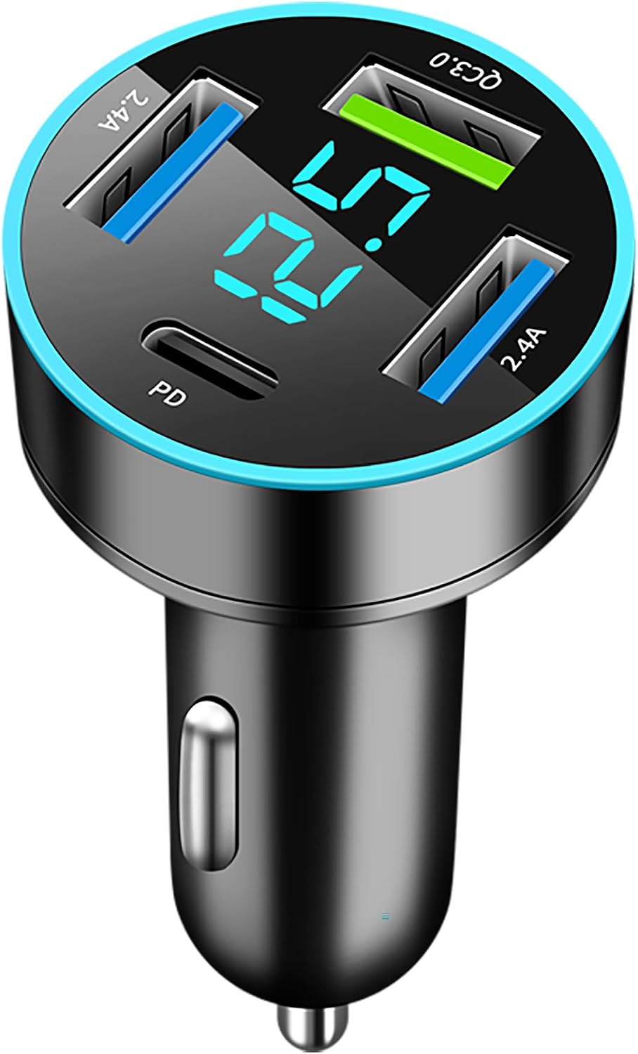 Black four-port car charger with USB-C, USB-A ports and digital voltage display