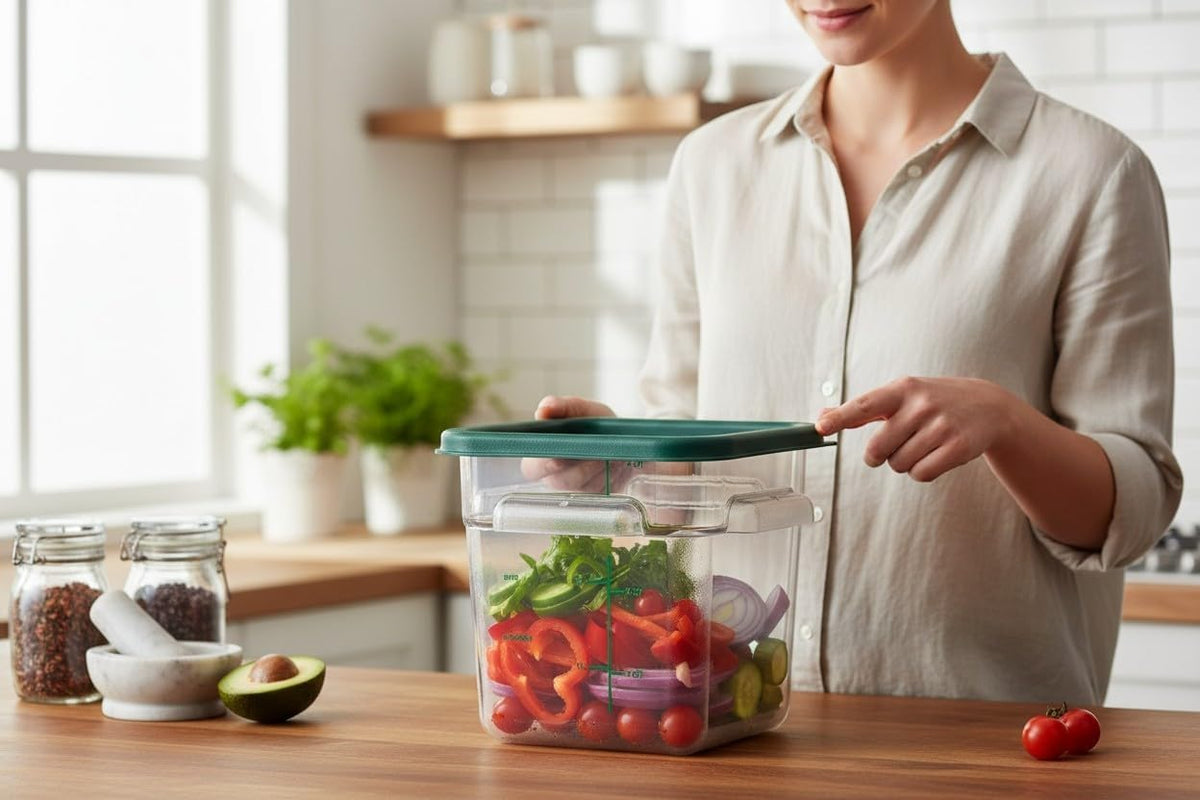 Vegetables stored in clear square containers in a kitchen