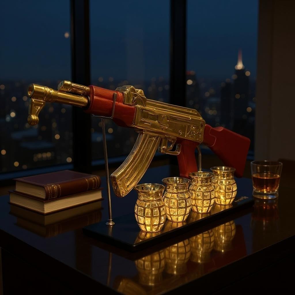 Luxury Gold AK-47 Whiskey Decanter Set, Red Accents, Glass Rifle Display Stand with 4 Grenade Shot Glasses,