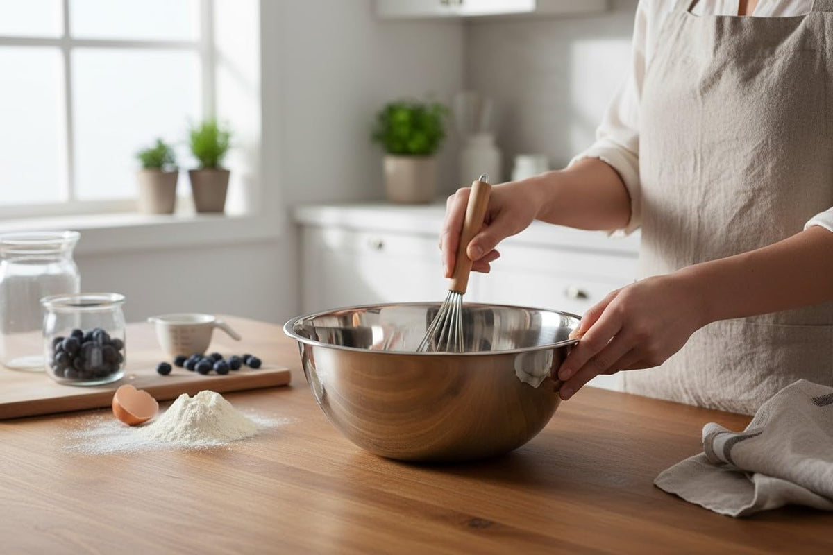 Ingredients being mixed in a steel bowl on a kitchen counter