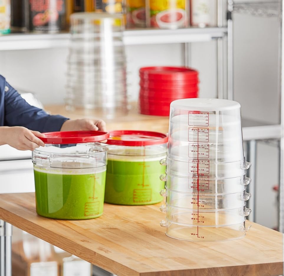 Filled round food containers stacked with red lids