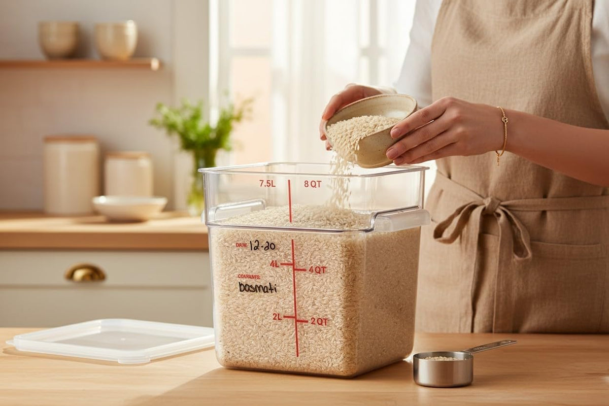 Grains being poured into a square food container
