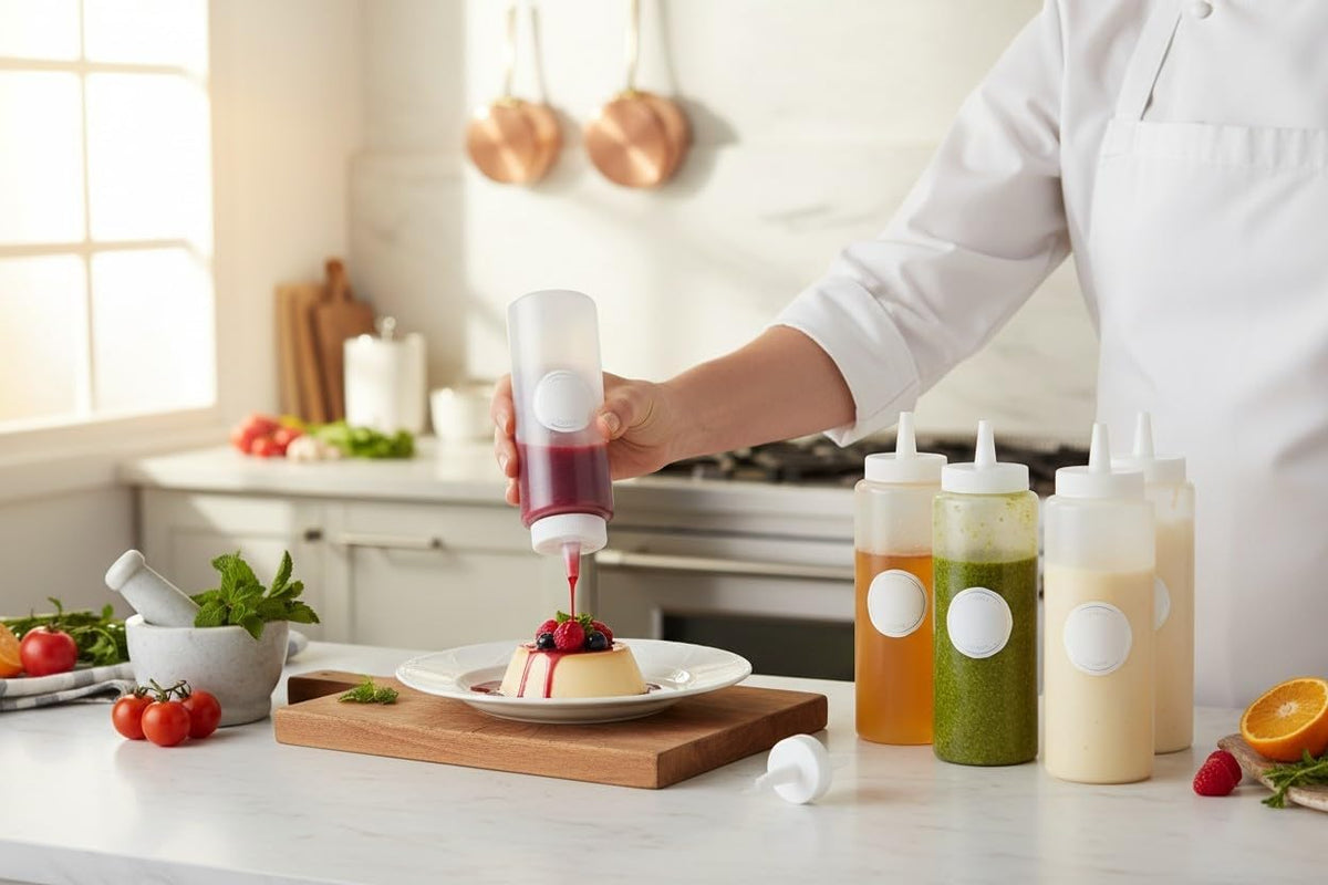 Assorted filled squeeze bottles arranged in a kitchen