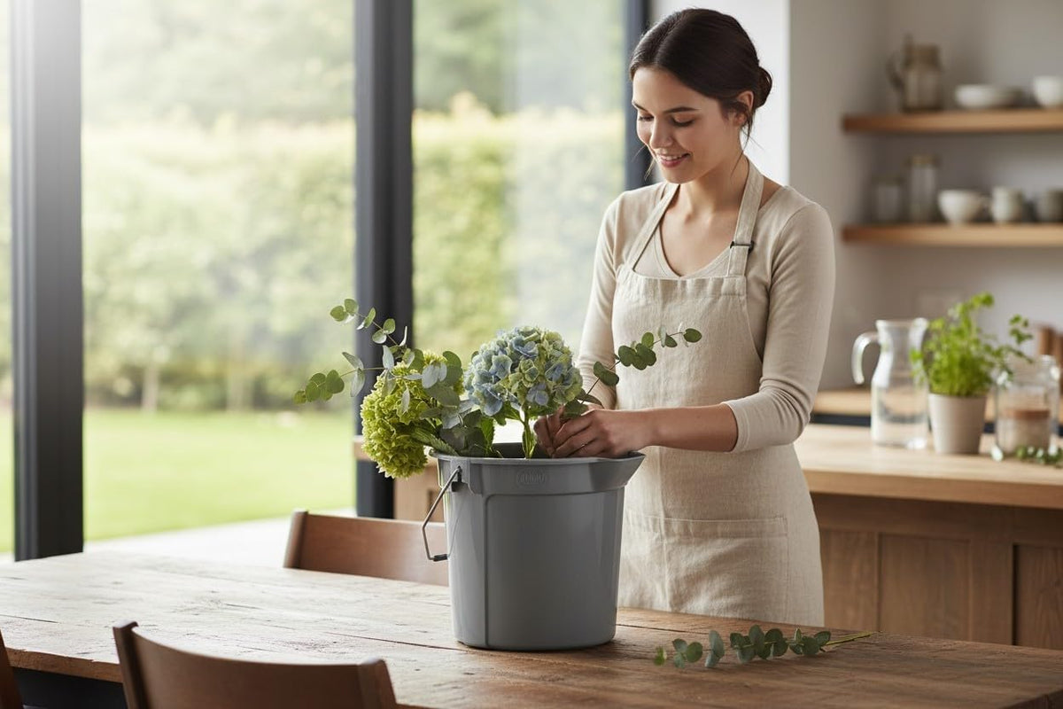 Gray utility bucket used while arranging flowers at a counter