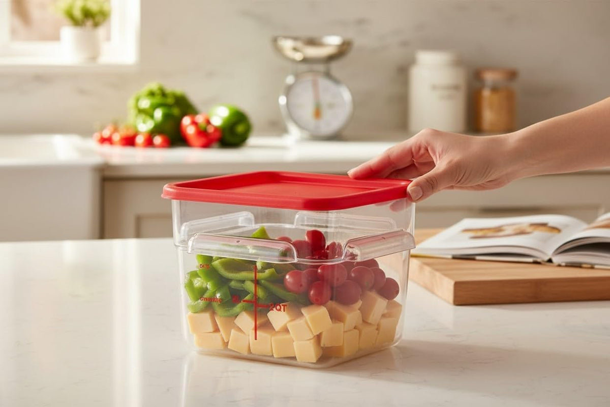 Clear Square Polycarbonate Food Storage Container with Red Lid, 6 Qt.