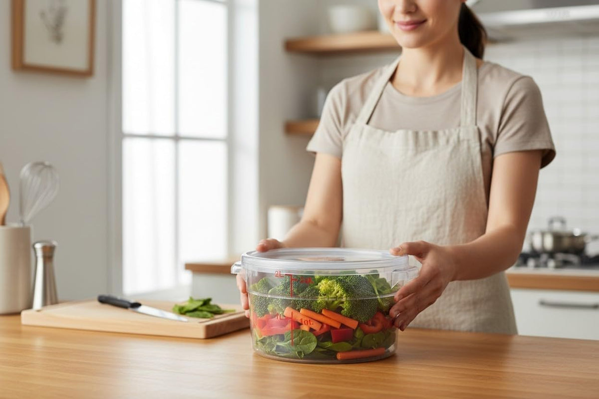 Round Polycarbonate Food Storage Container with Lid, Clear, 2 Qt, Stackable, Measurement Markings