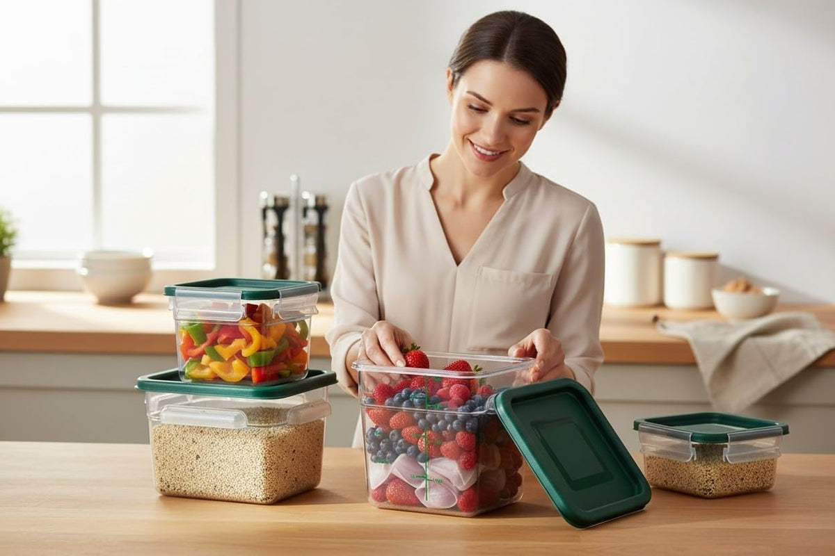 Green lid held above a clear storage container