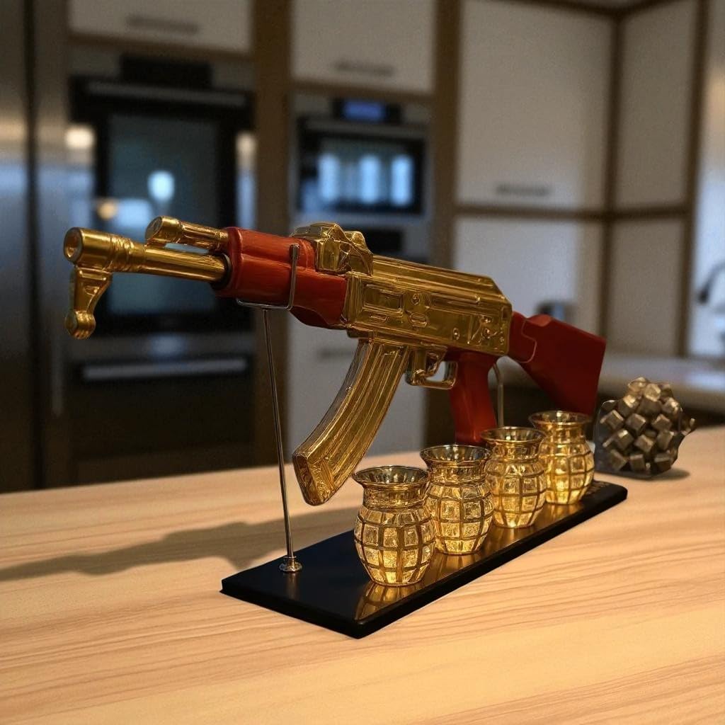 Luxury Gold AK-47 Whiskey Decanter Set, Red Accents, Glass Rifle Display Stand with 4 Grenade Shot Glasses,