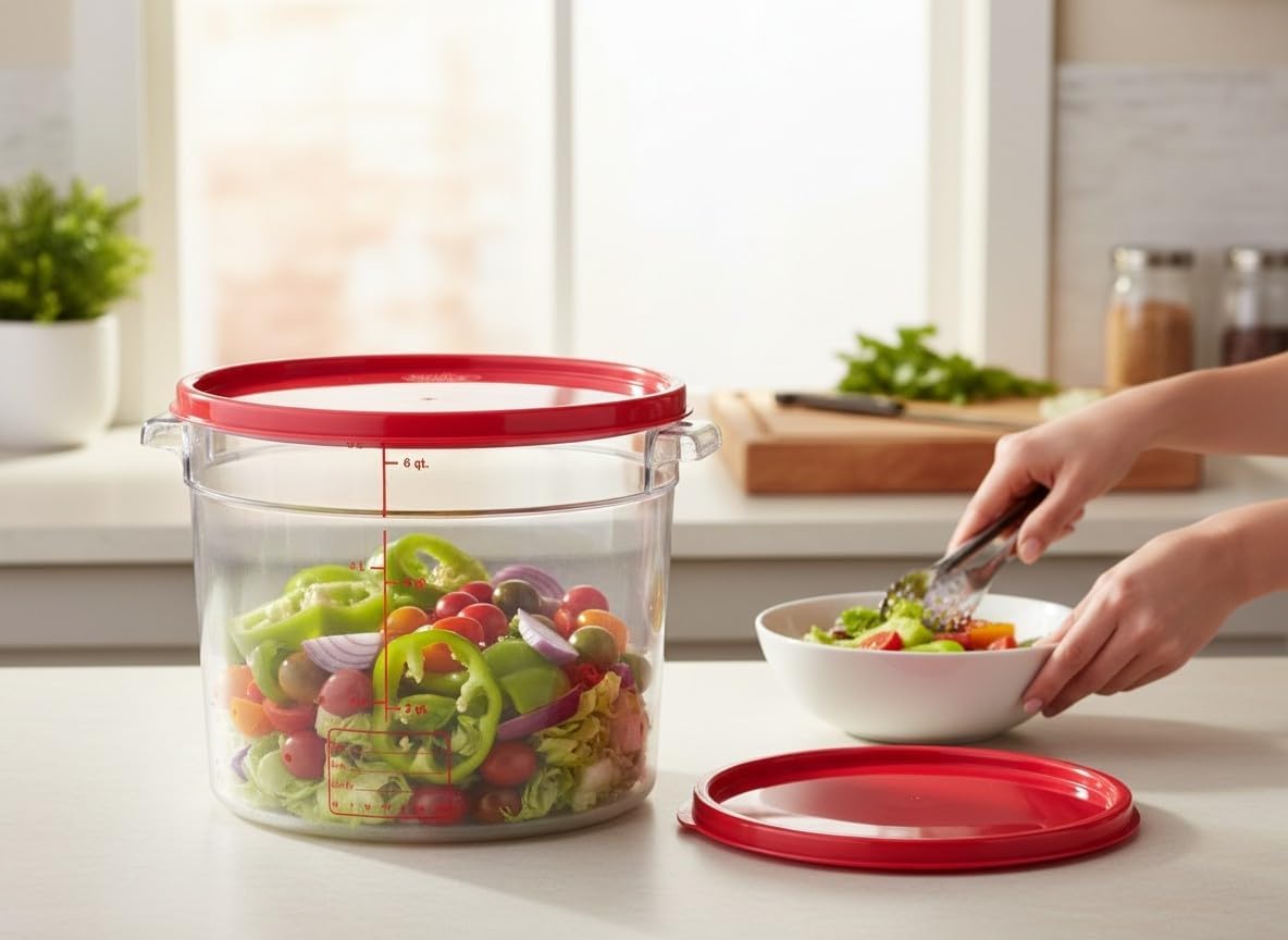 Hand placing a red lid beside a container of salad