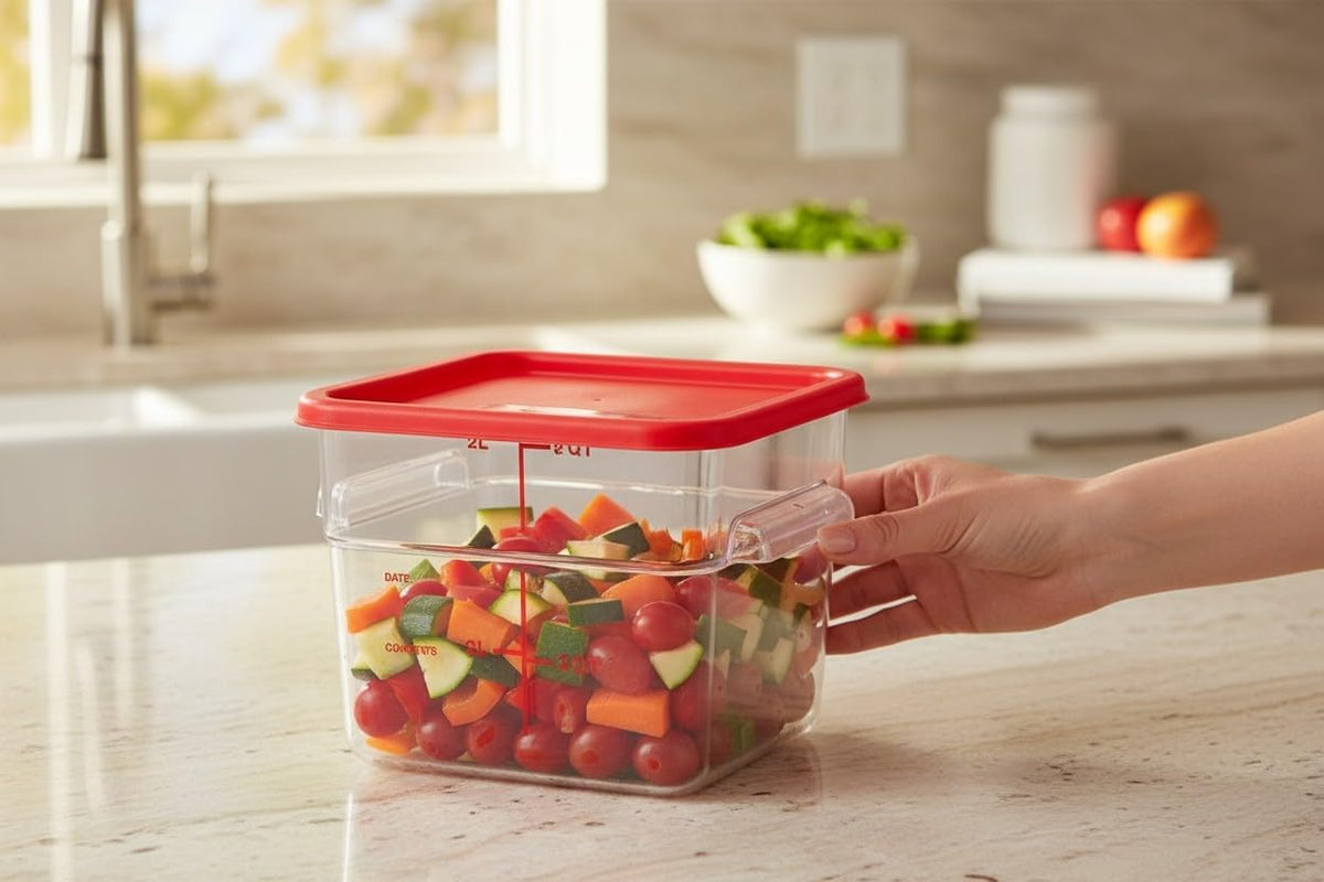 Clear Square Polycarbonate Food Storage Container with Red Lid, 6 Qt.