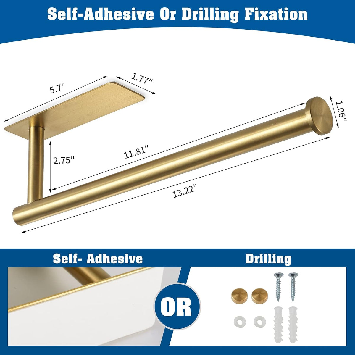 Under Cabinet Paper Towel Holder for Kitchen, Adhesive, Gold