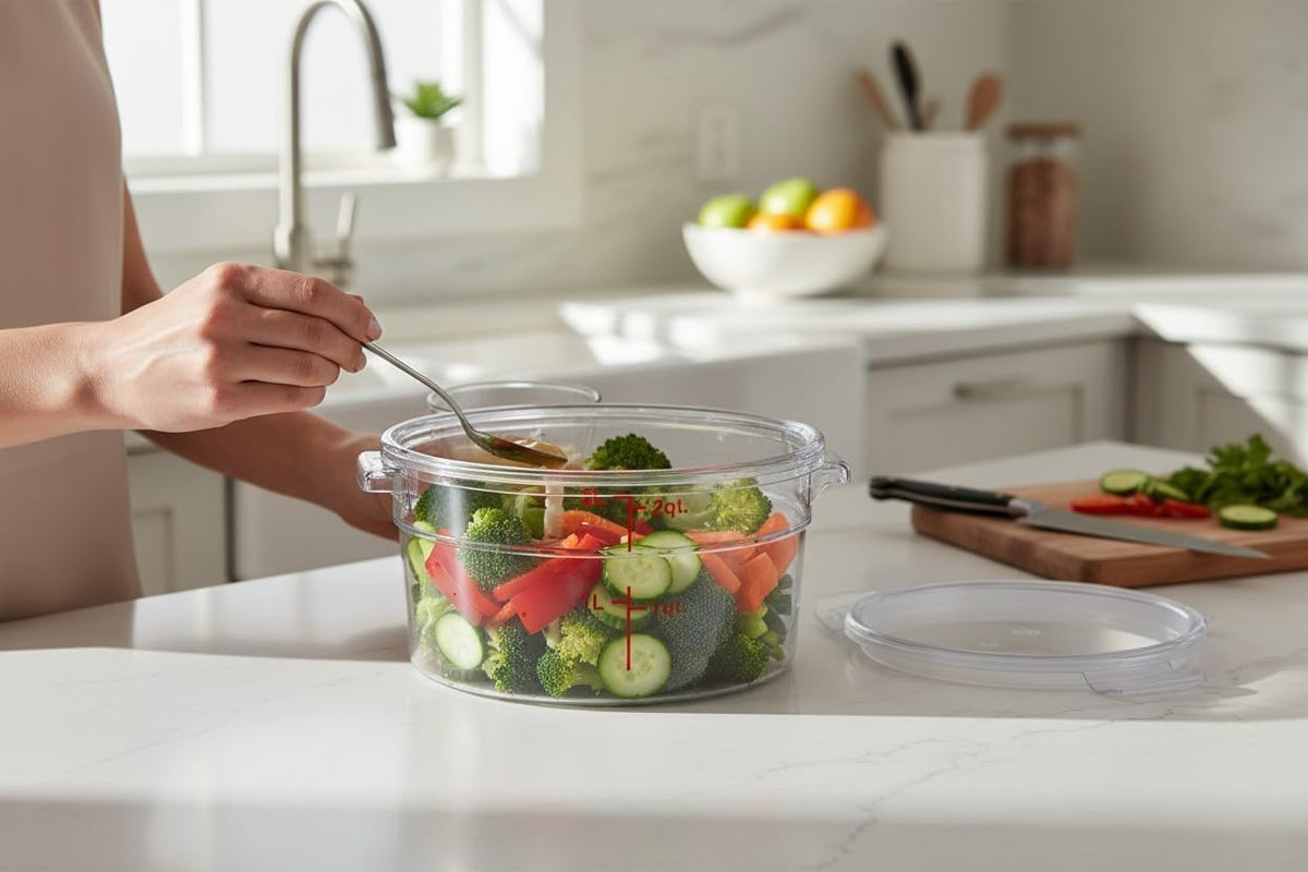 Round Polycarbonate Food Storage Container with Lid, Clear, 2 Qt, Stackable, Measurement Markings