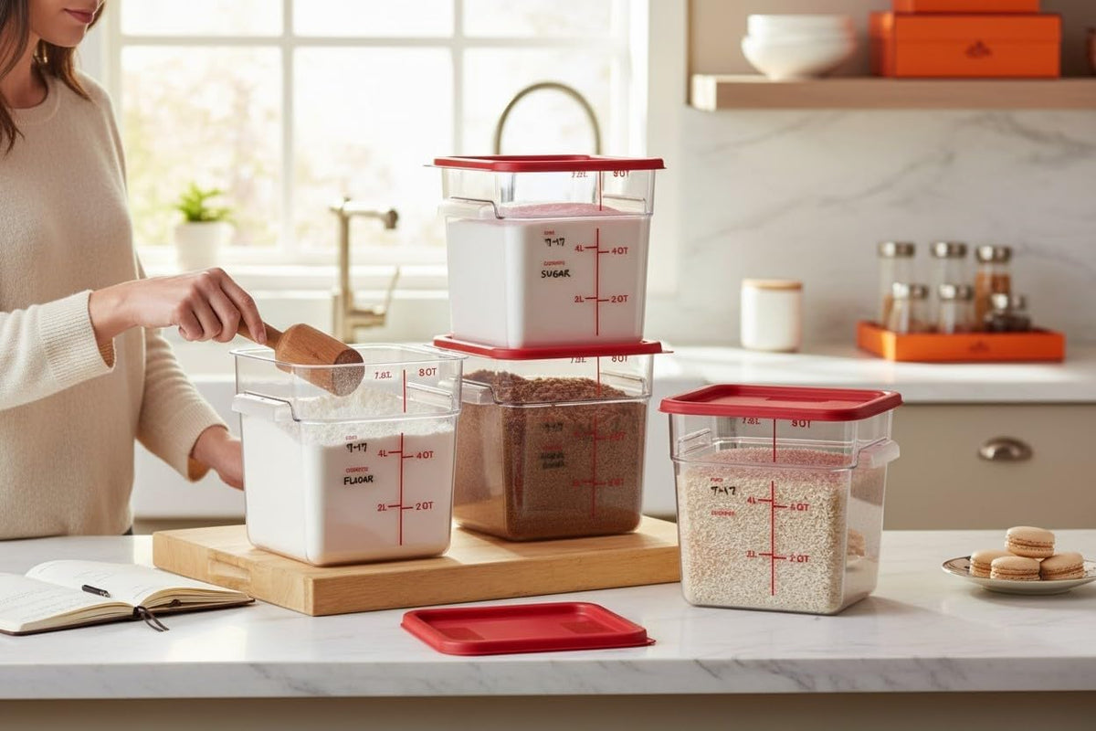 Red-lid food containers stacked in a kitchen