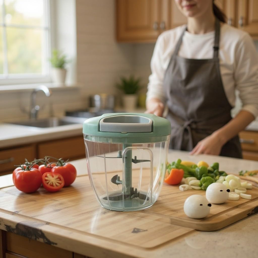 Manual Food Processor Vegetable Chopper, Portable Hand Pull String Garlic Mincer Onion Cutter for Veggies, Ginger, Fruits, Nuts, Herbs, etc., 900ml-green