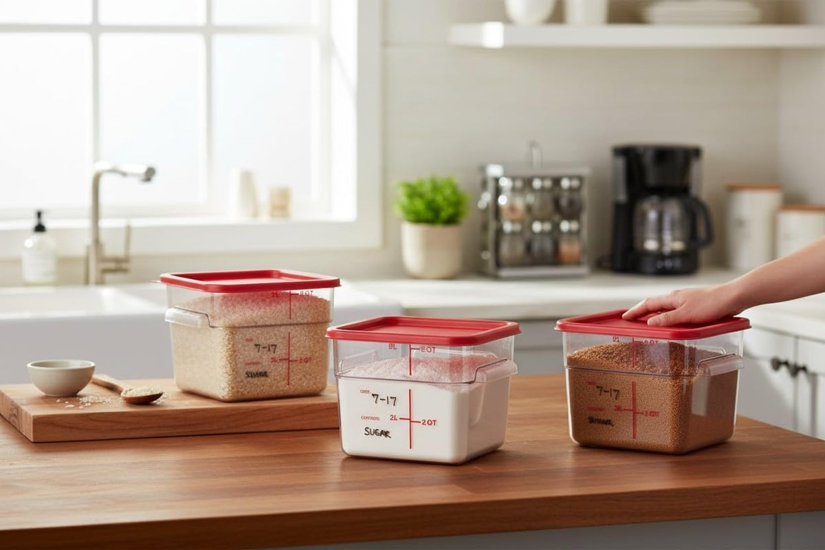 Clear Square Polycarbonate Food Storage Container with Red Lid, 6 Qt.
