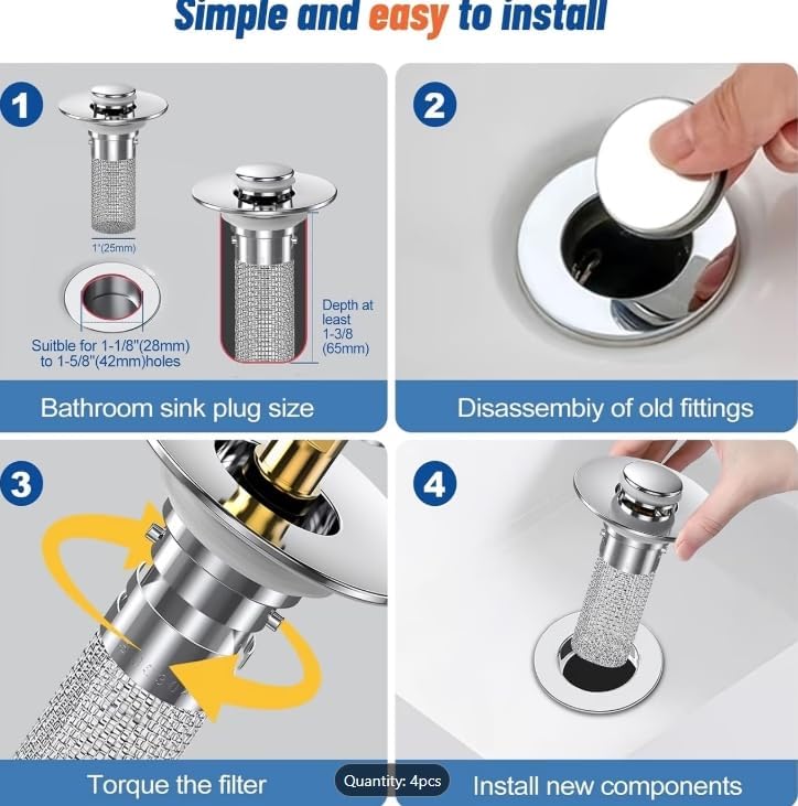 Pop-Up Sink Drain Stopper with SUS304 Stainless Steel Filter Basket, Chrome Silver, Fits 1.1-1.45 in, 2 Pack