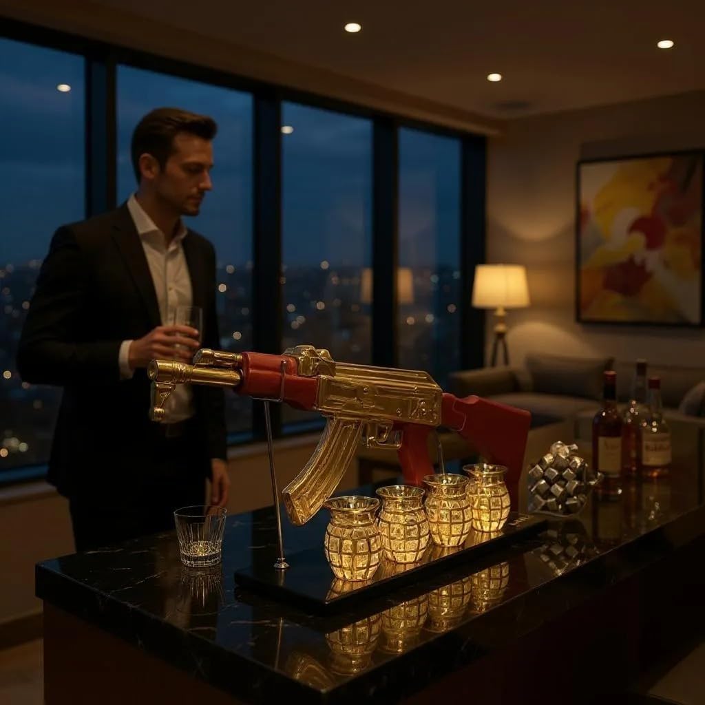 Luxury Gold AK-47 Whiskey Decanter Set, Red Accents, Glass Rifle Display Stand with 4 Grenade Shot Glasses,
