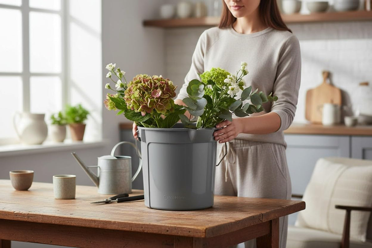 Flower arrangement beside a gray round utility bucket