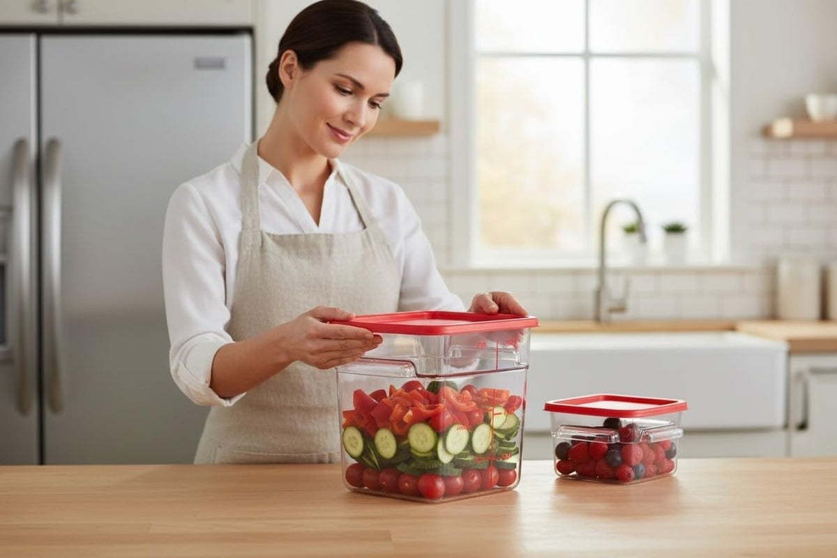 Red lid being placed on a container of vegetables