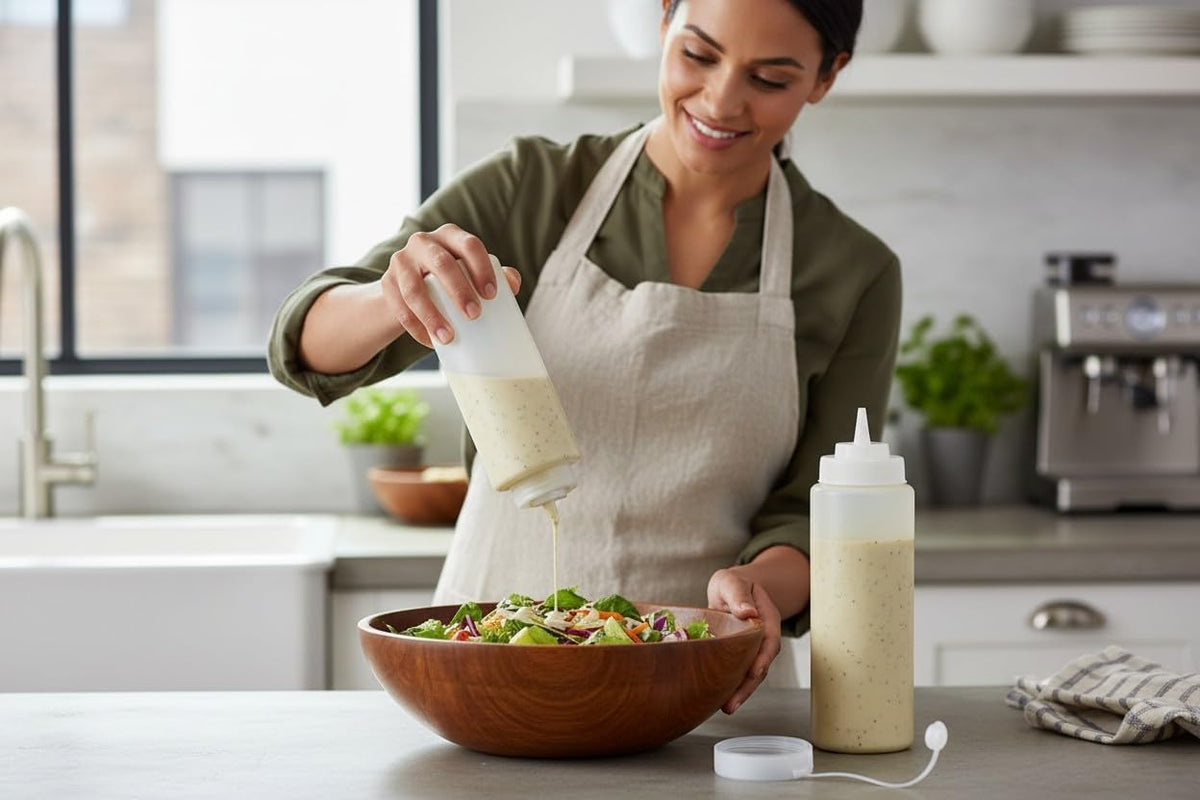 Salad being plated with a condiment squeeze bottle