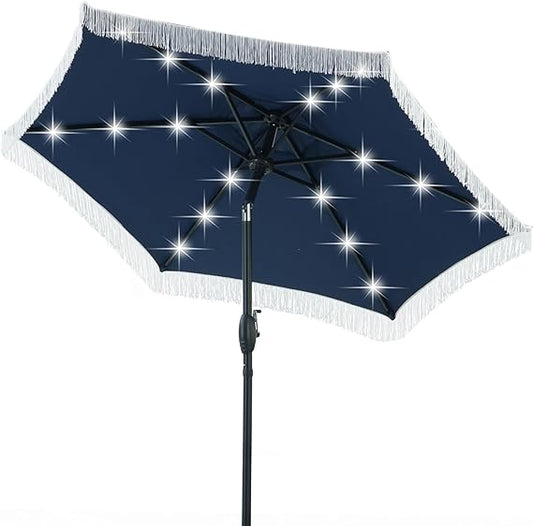 Ainfox 7.5ft Boho Fringe Patio Umbrella with Solar LED Lights