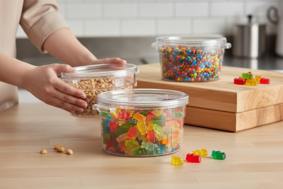 Round Polycarbonate Food Storage Container with Lid, Clear, 2 Qt, Stackable, Measurement Markings