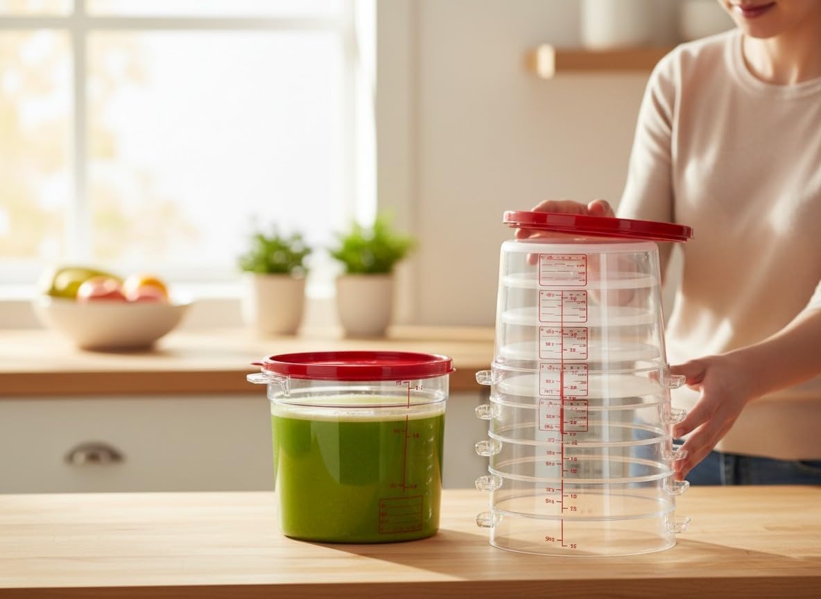 Red lid being placed onto a round food container
