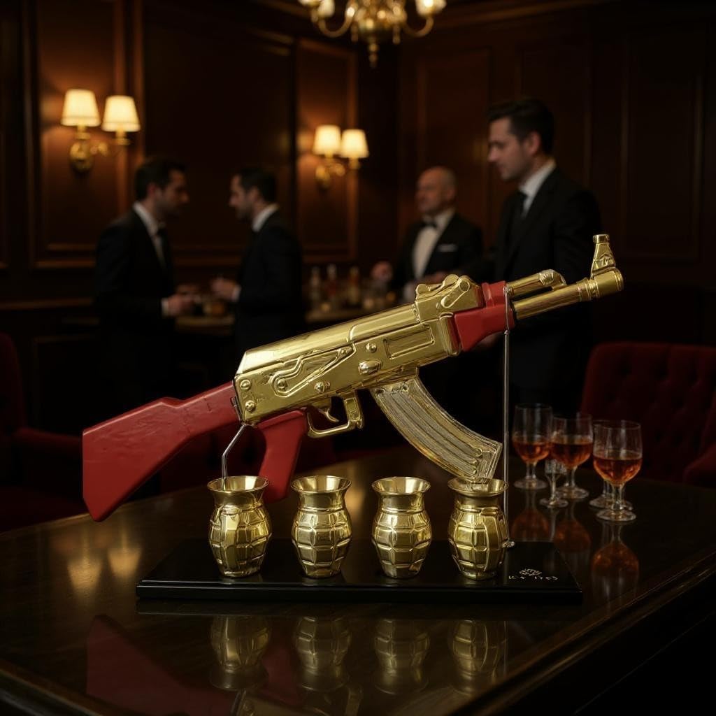 Luxury Gold AK-47 Whiskey Decanter Set, Red Accents, Glass Rifle Display Stand with 4 Grenade Shot Glasses,