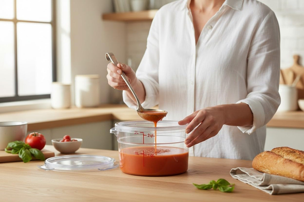 Round Polycarbonate Food Storage Container with Lid, Clear, 2 Qt, Stackable, Measurement Markings