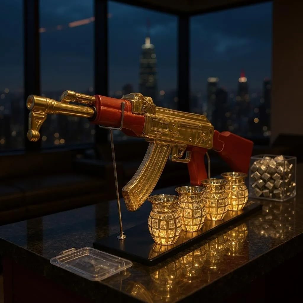 Luxury Gold AK-47 Whiskey Decanter Set, Red Accents, Glass Rifle Display Stand with 4 Grenade Shot Glasses,