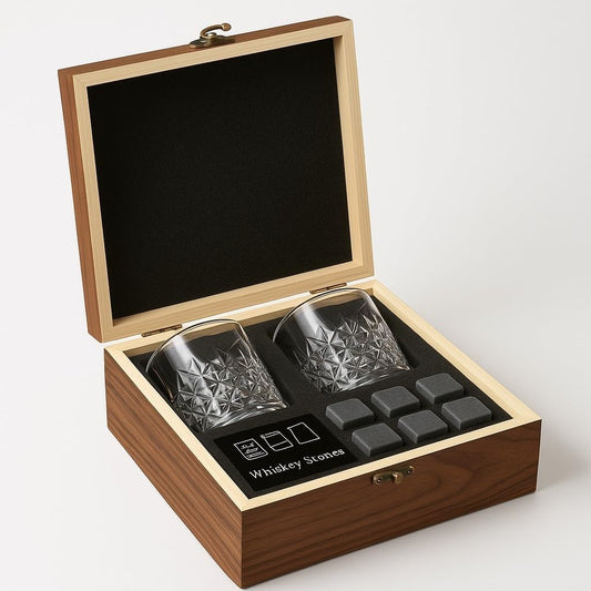 Premium Whiskey Stones Gift Set with 2 Crystal Glasses, Wooden Box, 8 Granite Chilling Rocks