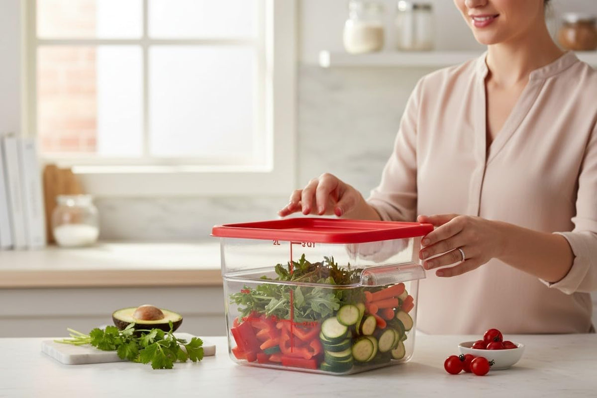 Clear Square Polycarbonate Food Storage Container with Red Lid, 6 Qt.