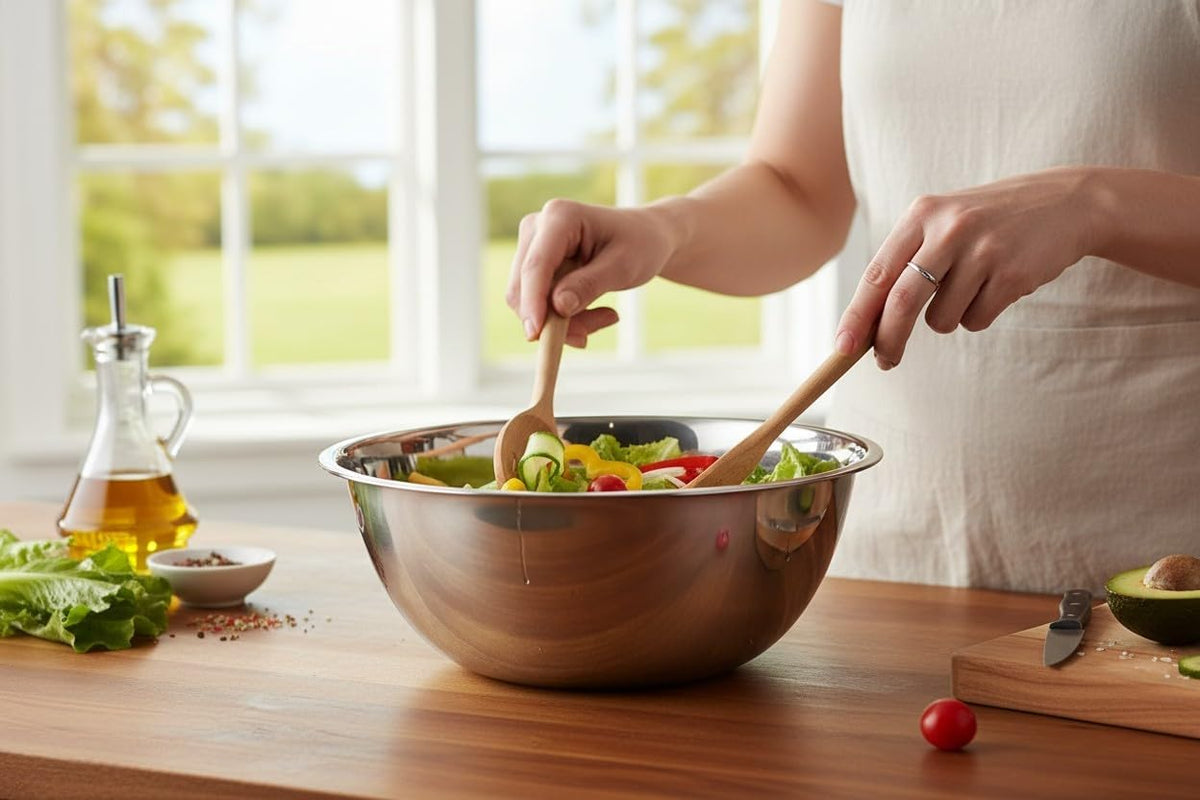 Salad ingredients being tossed in a stainless steel mixing bowl