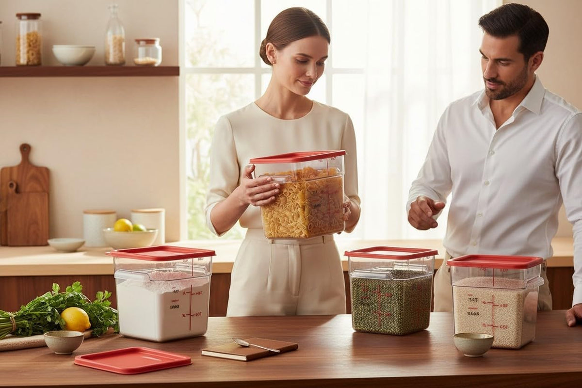 Two people filling food storage containers with dry ingredients