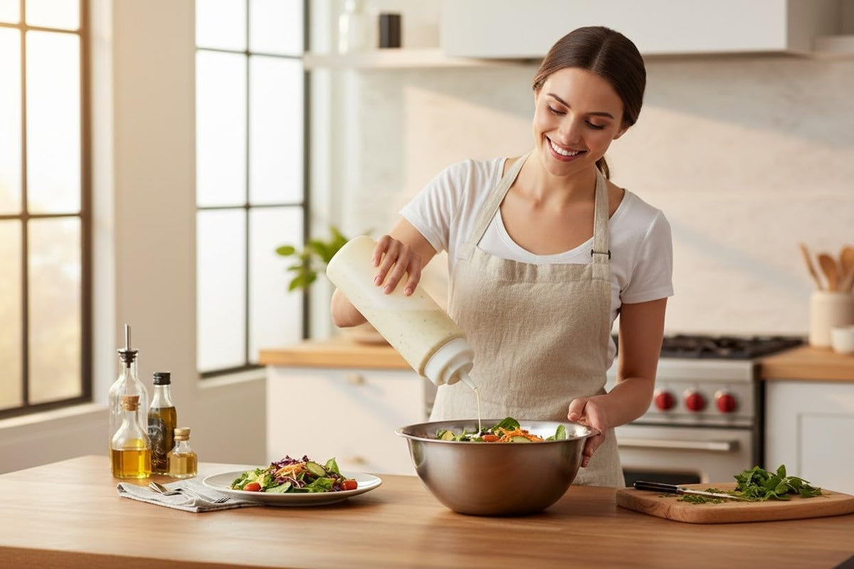 Cook holding a filled squeeze bottle in a kitchen