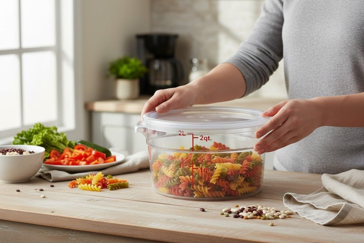 Round Polycarbonate Food Storage Container with Lid, Clear, 2 Qt, Stackable, Measurement Markings