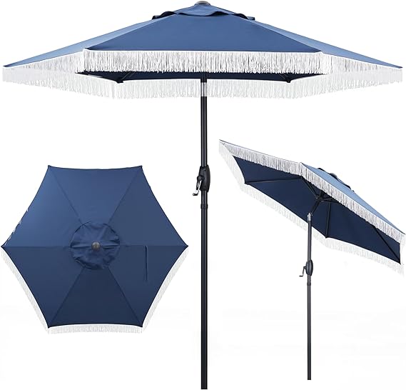 Ainfox 7.5ft Boho Patio Umbrella with Fringe, Outdoor Tassel Umbrella, Waterproof Sun Protection Umbrella