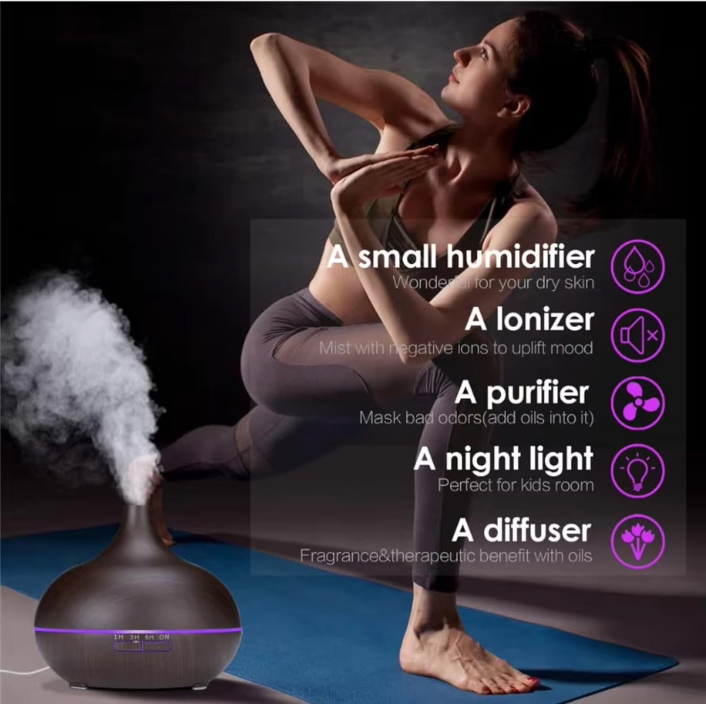 Fragrance Humidifier Essential Diffuser 200ml | Essential Oil Air Purifier | Wood Grain Ultrasonic Cool Mist | LED Light | Auto Shut-Off | Home, Office & Spa.