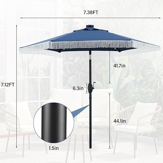 Ainfox 7.5ft Boho Fringe Patio Umbrella with Solar LED Lights, UV Protected Outdoor Umbrella