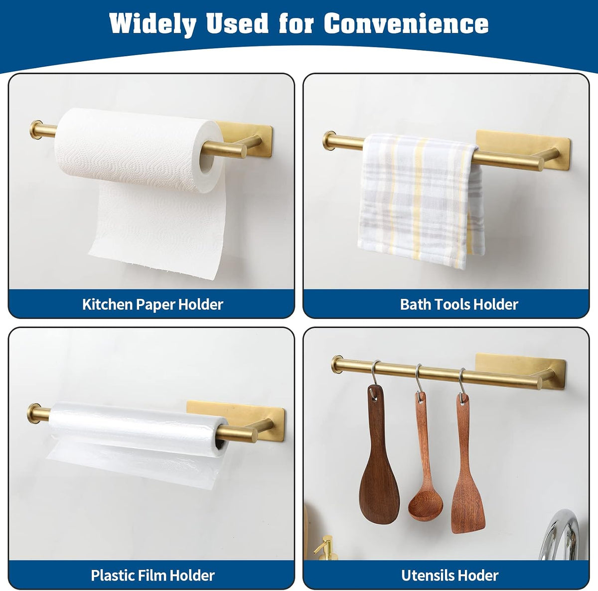 Under Cabinet Paper Towel Holder for Kitchen, Adhesive, Gold