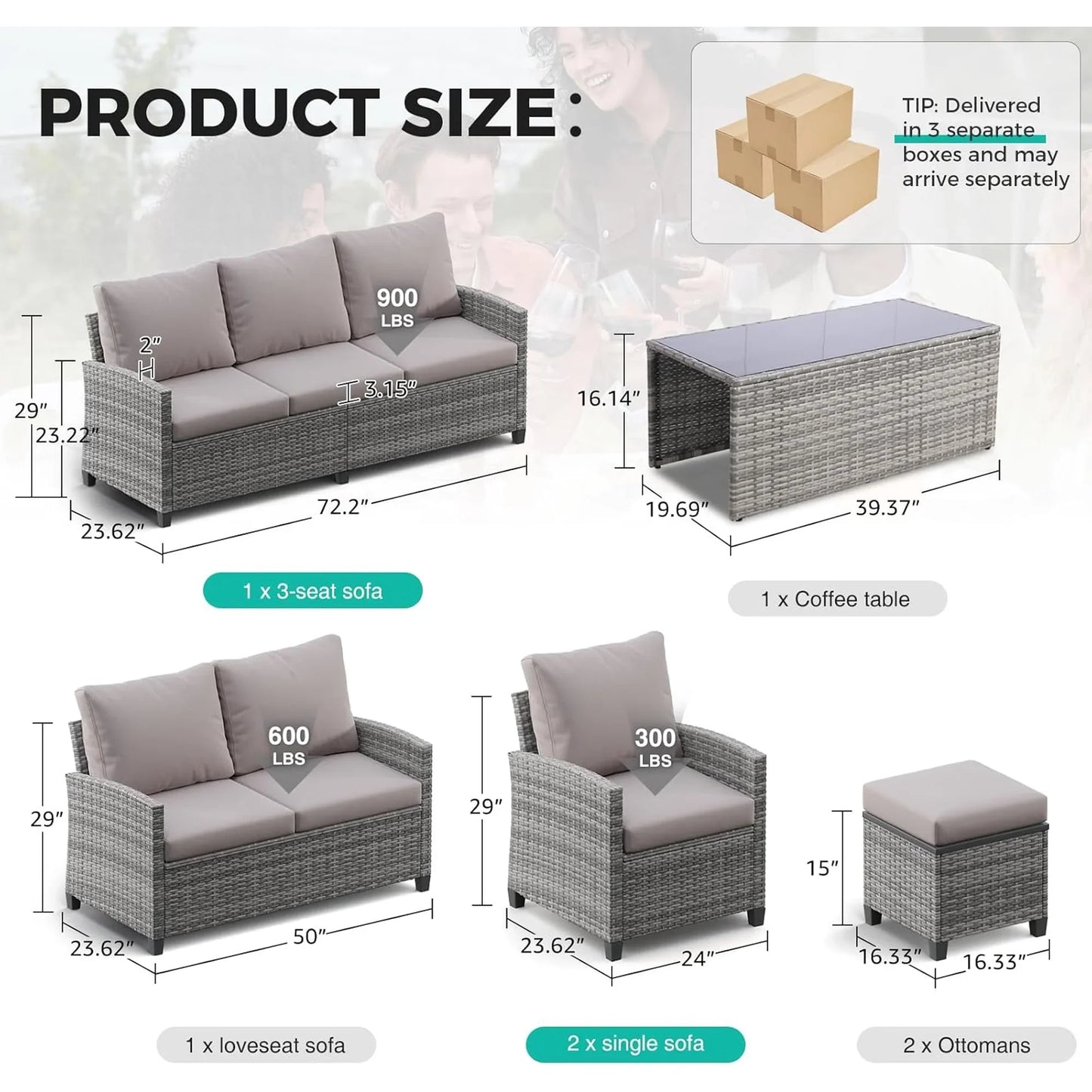 Ainfox 7-Piece Outdoor Wicker Patio Furniture Set,Sectional Conversation Set with 3-Seat Sofa, Loveseat, Coffee Table, Chairs & Ottomans, Gray, Space-Saving Design for Backyard, Porch, Poolside