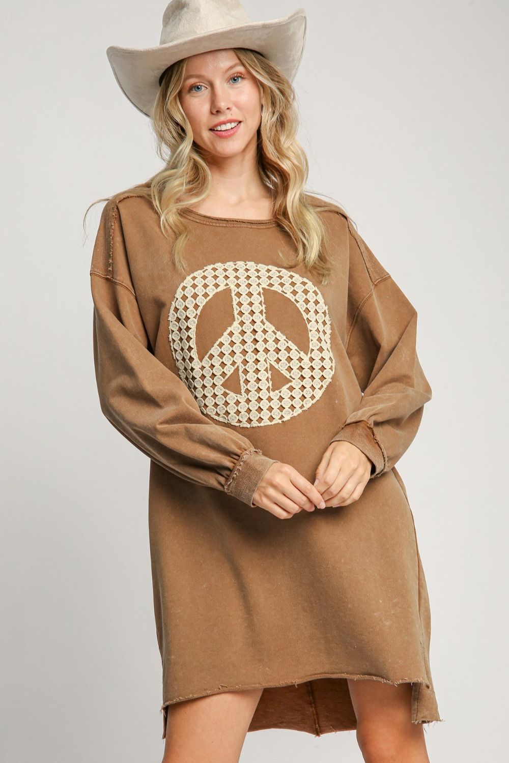 Peace Lace Applique Frayed Hem French Terry Mini Dress For Women – Casual Terry Mini Dress, Lace Applique Dress, Edgy Frayed Hem Dress, Bohemian Lace Dress, Trendy Mini Dress