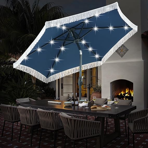 Ainfox 7.5ft Boho Fringe Patio Umbrella with Solar LED Lights, UV Protected Outdoor Umbrella