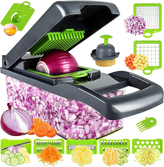 15-in-1 Vegetable Chopper & Slicer with Garlic Grater – Multifunctional Food Cutter, Stainless Steel Blades, Veggie Dicer, Onion Chopper, Mandoline Slicer, Kitchen Gadgets.