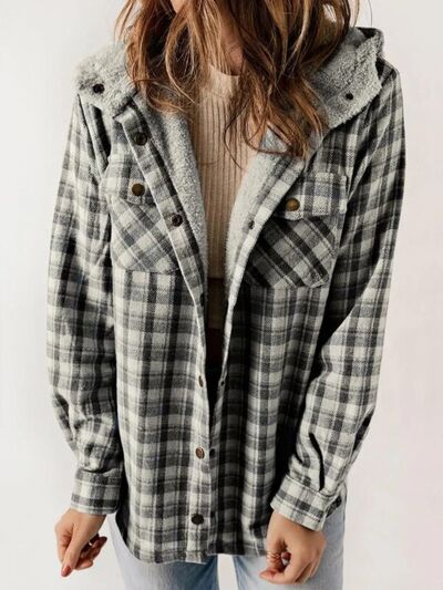 Plaid Snap Down Plush Hooded Jacket Soft & Warm Women Outerwear Cozy And Comfortable Jacket