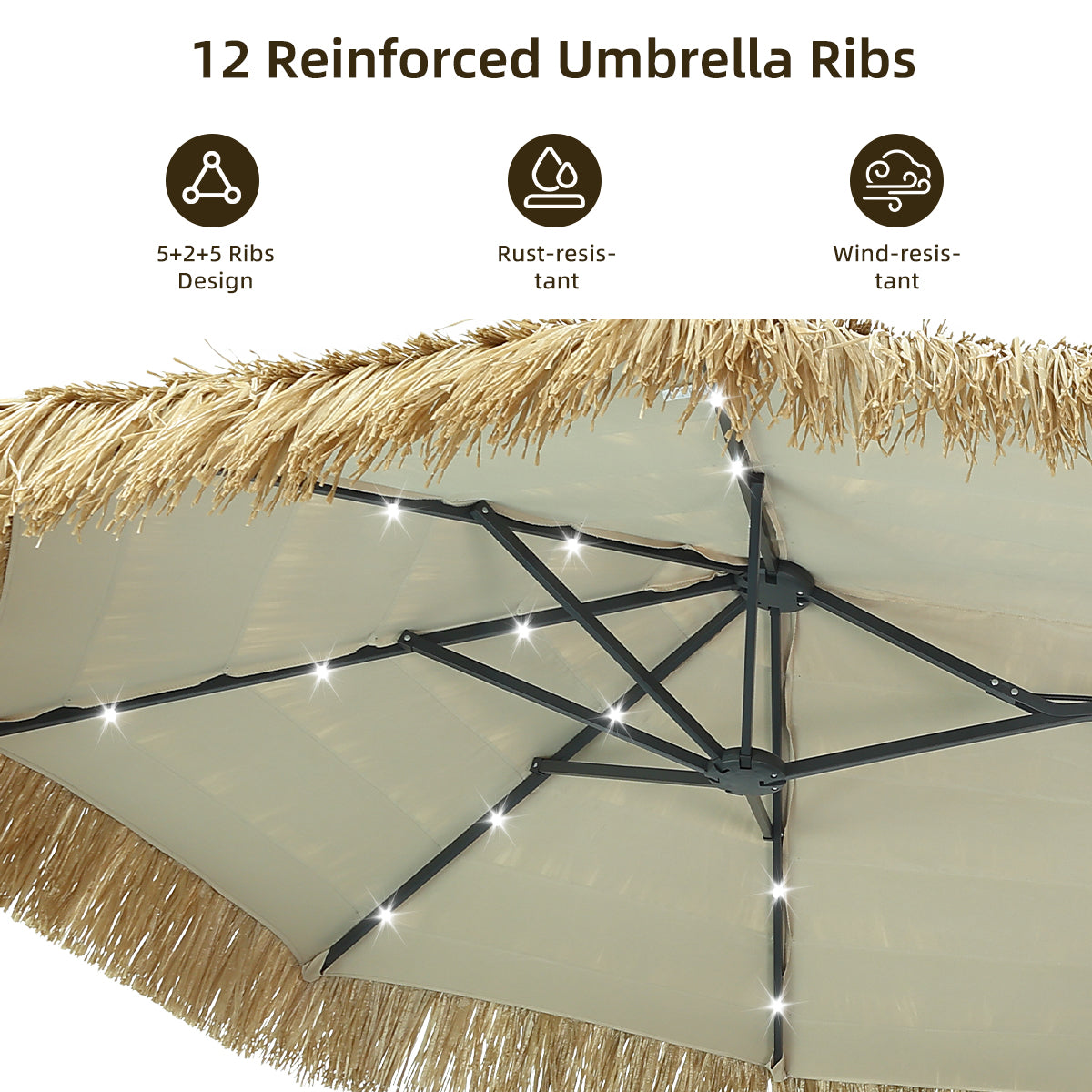 Ainfox 13ft Large Thatched Tiki Patio Umbrella, Outdoor Heavy-Duty Double-Sided Rectangle Market Umbrella for Garden, Deck, Backyard, Pool, Beach