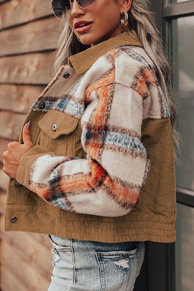 Plaid Corduroy Flap Pockets Button Up Jacket Trendy Outerwear With Classic Flap Pockets For Casual Comfort