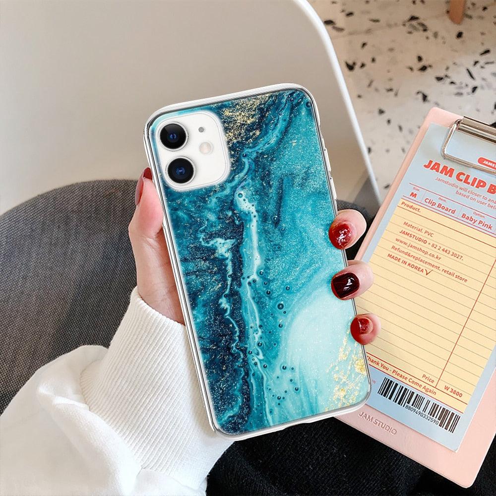 Fashion Marble Pattern Phone Case For iPhone 13 12 11 Pro Max 7 8 6 6S Plus X XR XS Max 12Mini 5 5S SE Cute Soft TPU Cover Full Body Protection with Raised Bezel